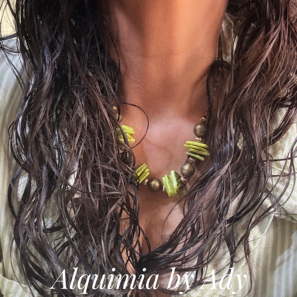 Bold Lime Mother Of Pearl And Bronze Necklace